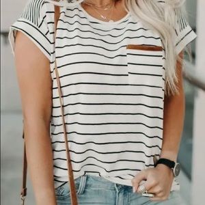 White striped tee w peach pocket